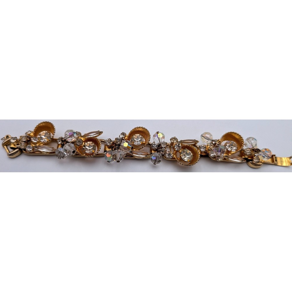 Vintage Gold Tone AB Crystal Rhinestone Link Bracelet Mid Century Glamour 7.75in - Picture 3 of 6
